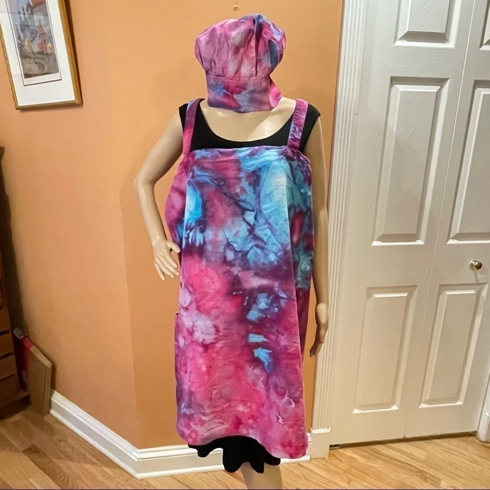 Tie Dye large Japanese wrap around apron  matching toque chef's hat purple blue